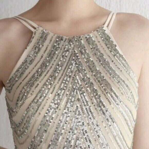 Silver,  O Neck, Sleeveless,  Detachable Skirt, Sequined Mermaid Gown - Picture 3 of 16